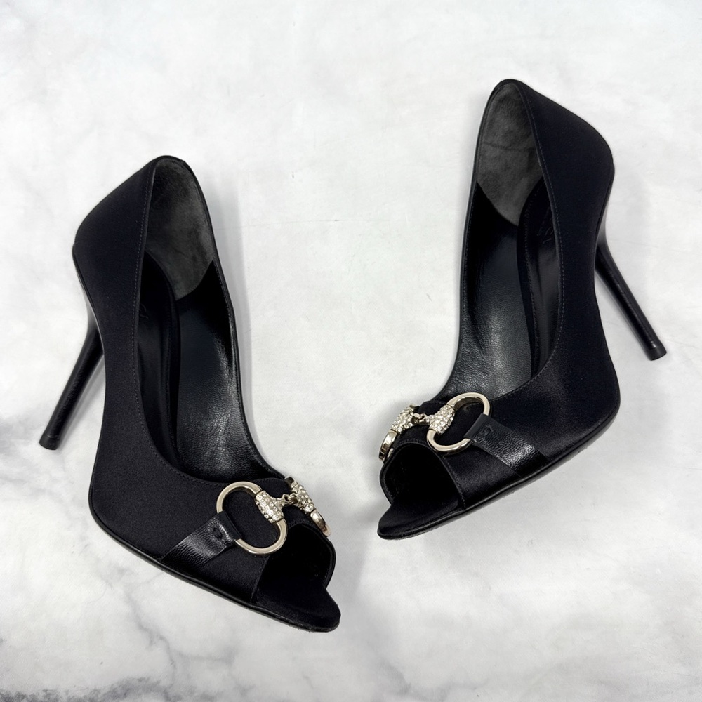 GUCCI Silk Satin Horsebit Swarovski Crystal Embellished Open Toe Pump Heel Black - Picture 4 of 15